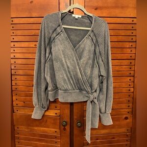 She + Sky Steel Blue V-Neck Wrap Sweater